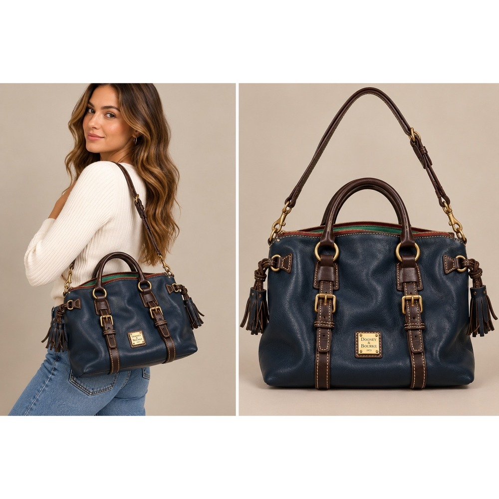 Dooney & Bourke Womens Satchel Medium Navy Florentine Leather Tassel Crossbody
